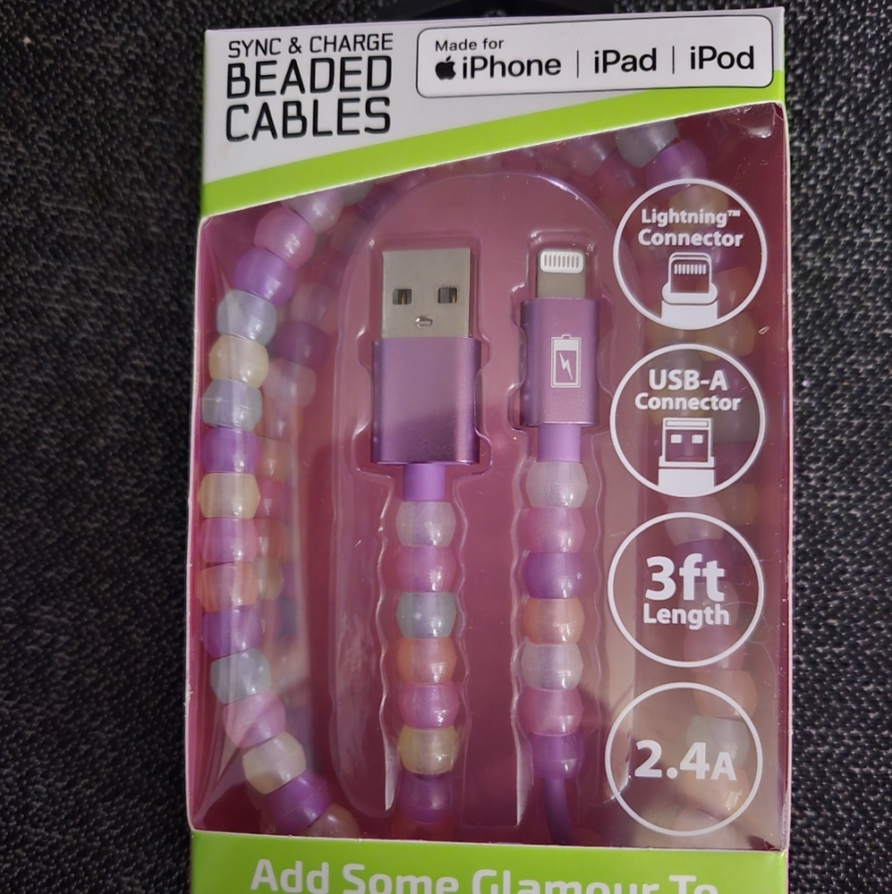 Glitz & Glam Beaded Charging Cable 3ft Iphone Ipad Ipod USB-A connector Hp🔥🔥